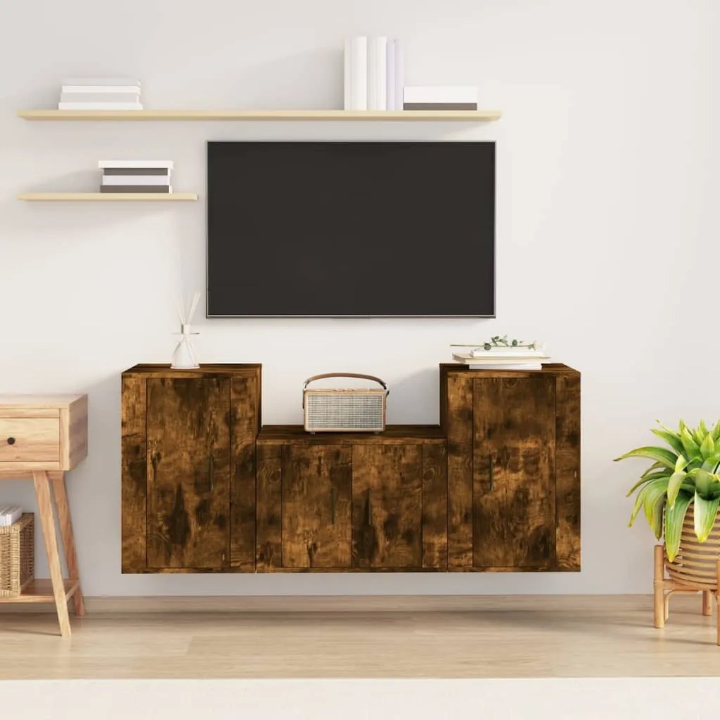 Set mobili porta tv 3 pz rovere fumo in legno multistrato