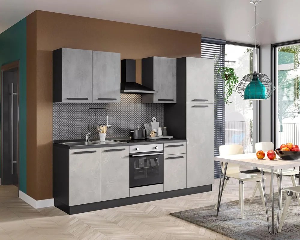 Cucina montata Dora bianco e grigio chiaro, lavello a sinistra, L.255 cm, completa di: cappa a camino, piano cottura a induzione, forno e frigorifero