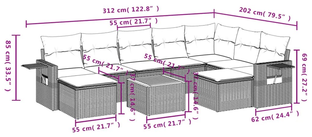 Set Divano da Giardino 10 pz con Cuscini Grigio in Polyrattan