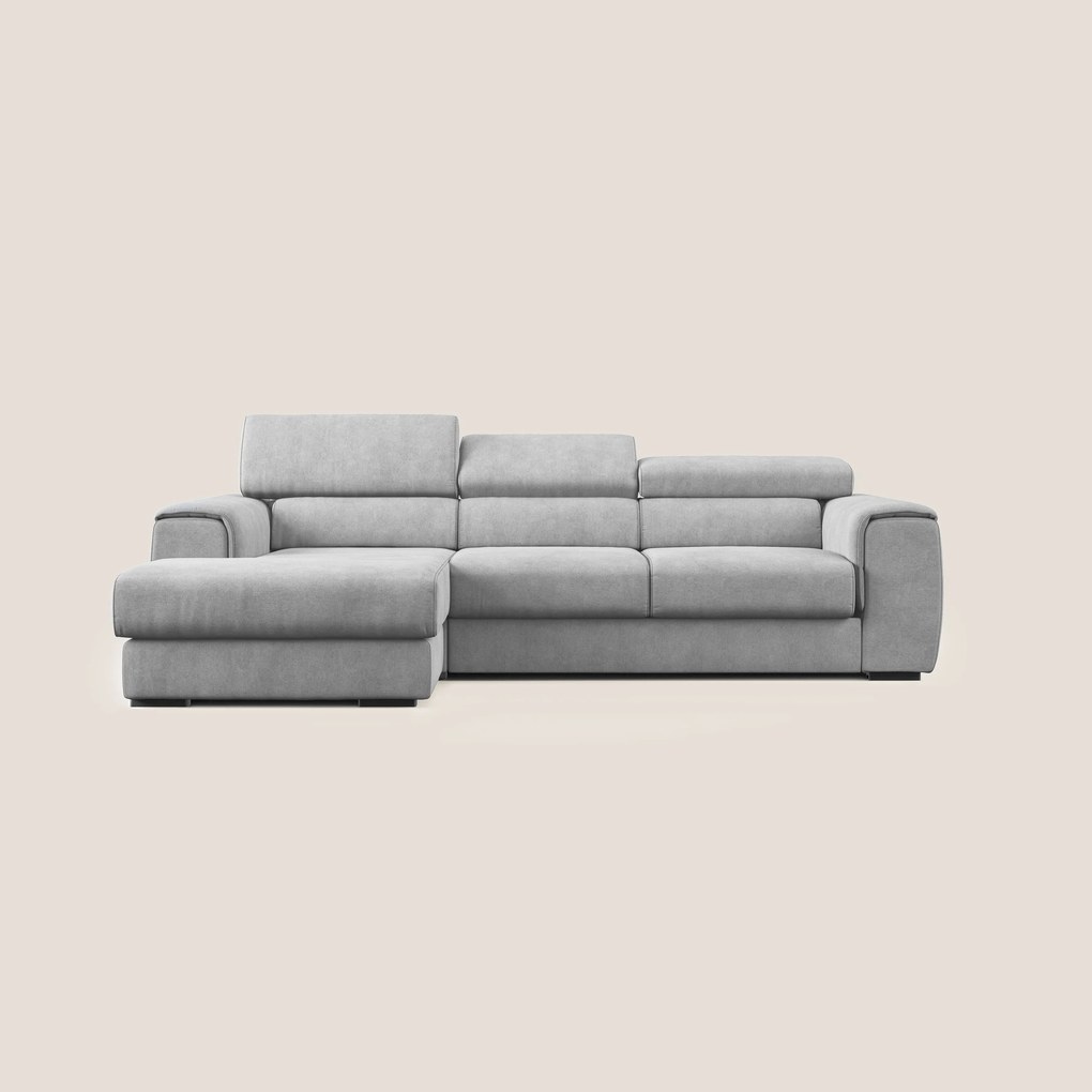 Zeno Divano angolare con pouf estraibile poggiapiedi in tessuto morbido impermeabile T02 grigio chiaro