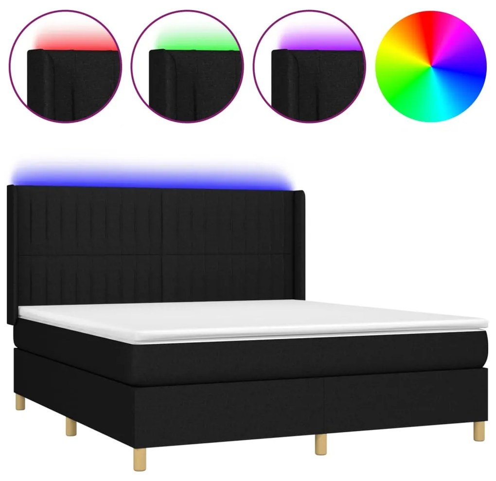 Letto a molle con materasso e led nero 180x200cm in tessuto