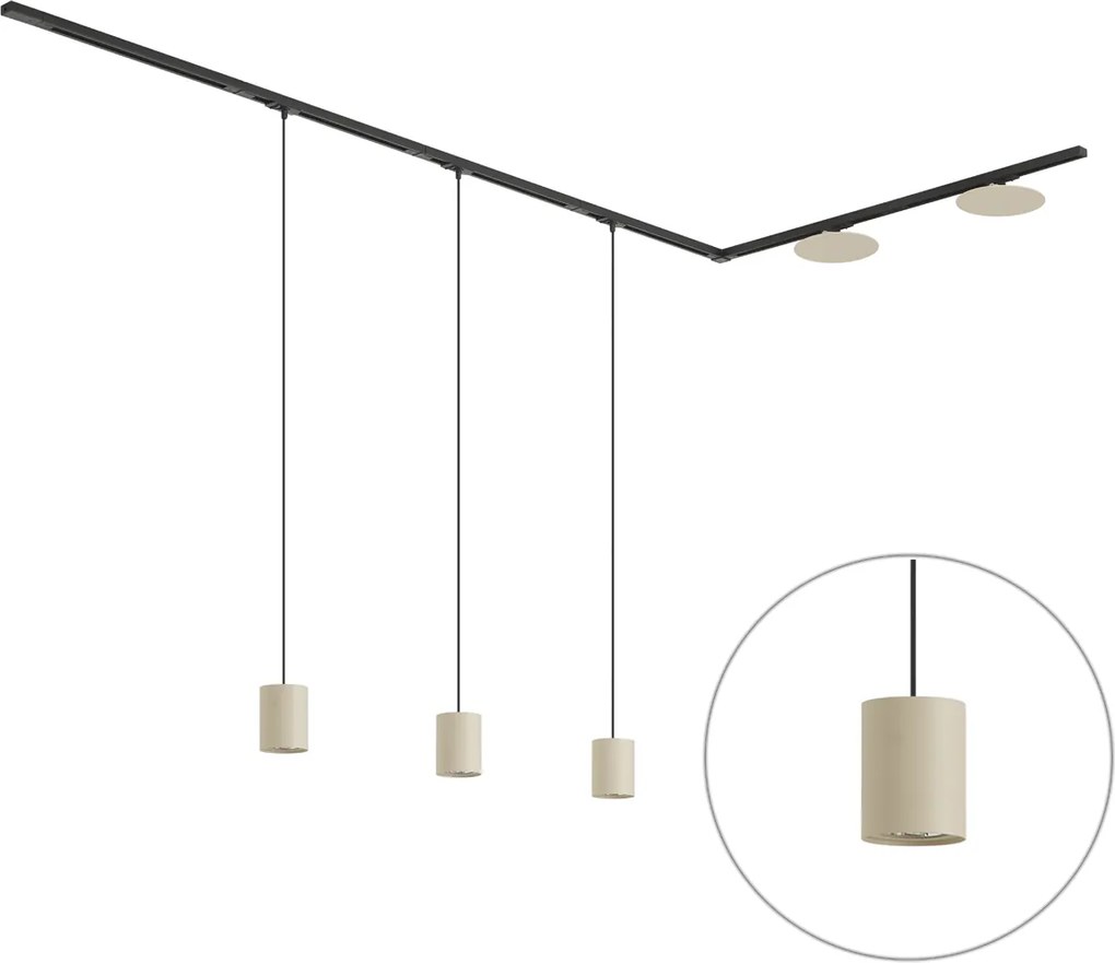 Sistema di illuminazione a binario moderno nero con 3 luci a sospensione e 2 plafoniere beige monofase - Iconic Holt Pulley