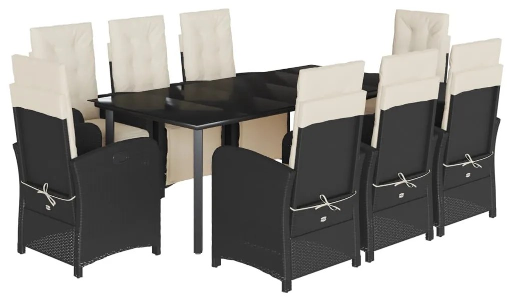 Set da pranzo da giardino 9 pz con cuscini nero in polyrattan