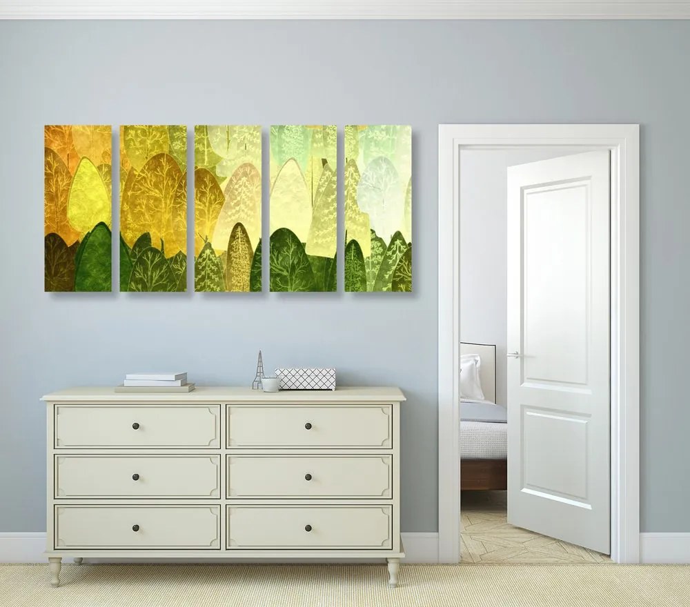 Quadri 5 pezzi – Alberi asimmetrici verdi