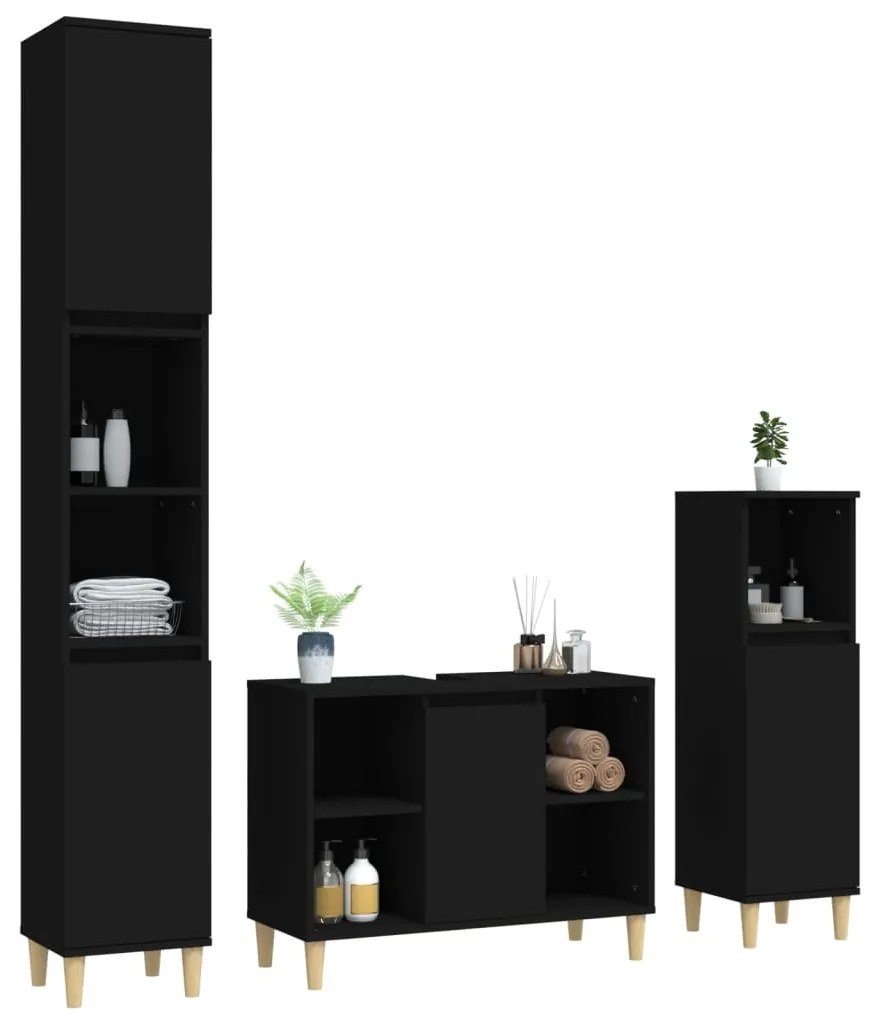 Set mobili da bagno 3 pz nero in legno multistrato