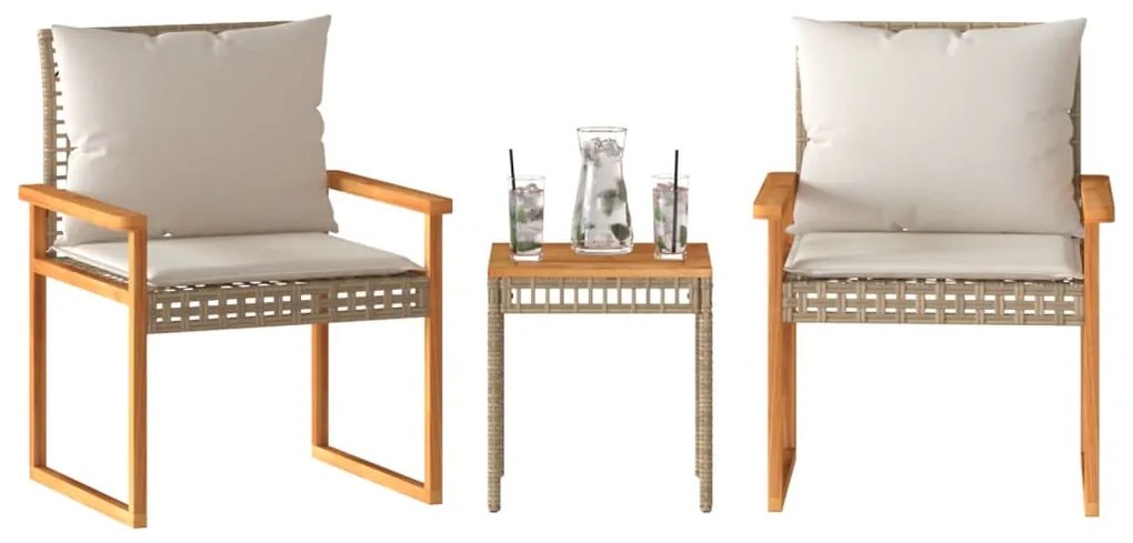 Set Da Bistrò 3 Pz Con Cuscini Beige Misto Polyrattan E Acacia /