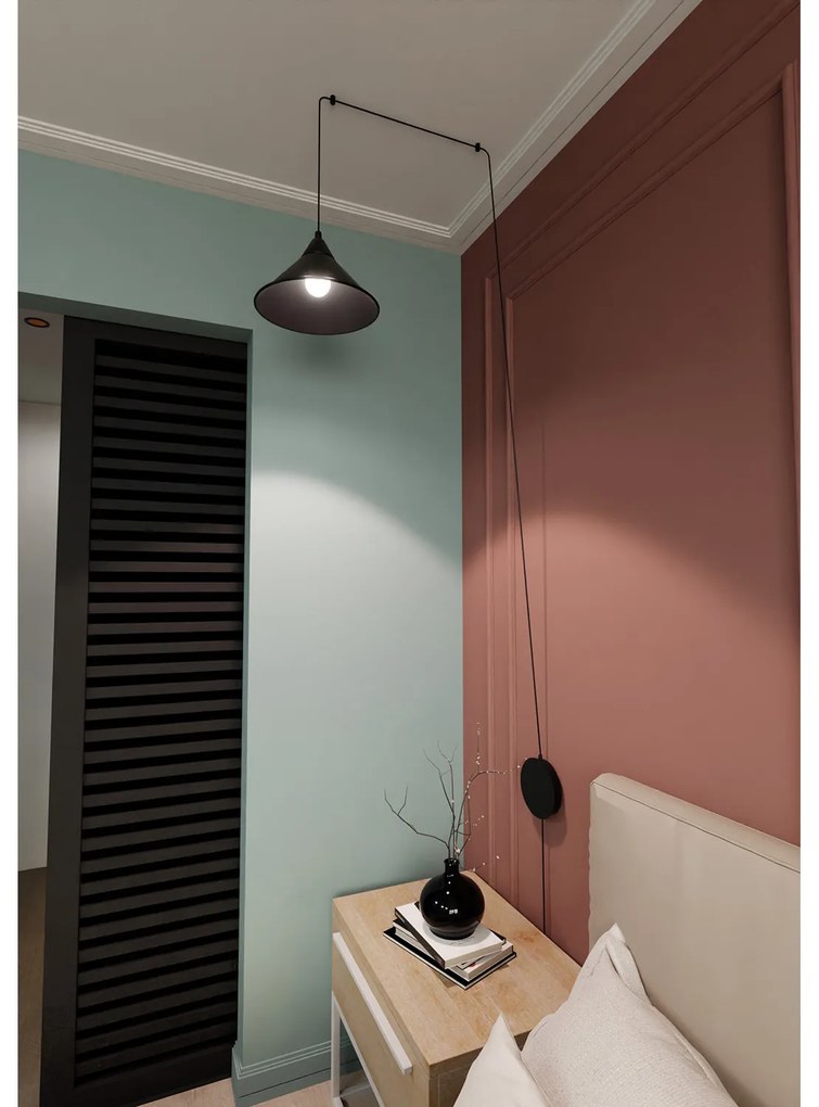Sospensione Minimal 1 Luce Fujin In Acciao Nero E Paralume A Cono