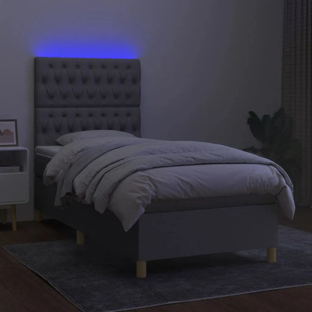 Letto a molle materasso e led grigio chiaro 90x200 cm tessuto