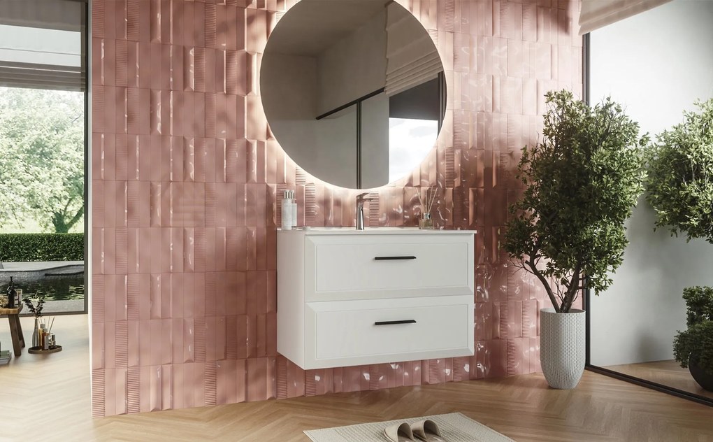 Mobile bagno bianco opaco 100x45 Praga due cassetti soft close con lavabo in ceramica