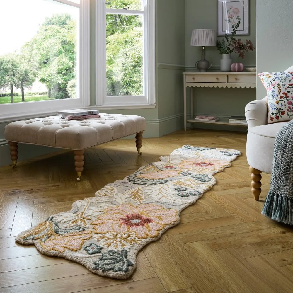 Passatoia in lana rosa chiaro tessuta a mano 60x230 cm Daphne Shaped Floral - Flair Rugs