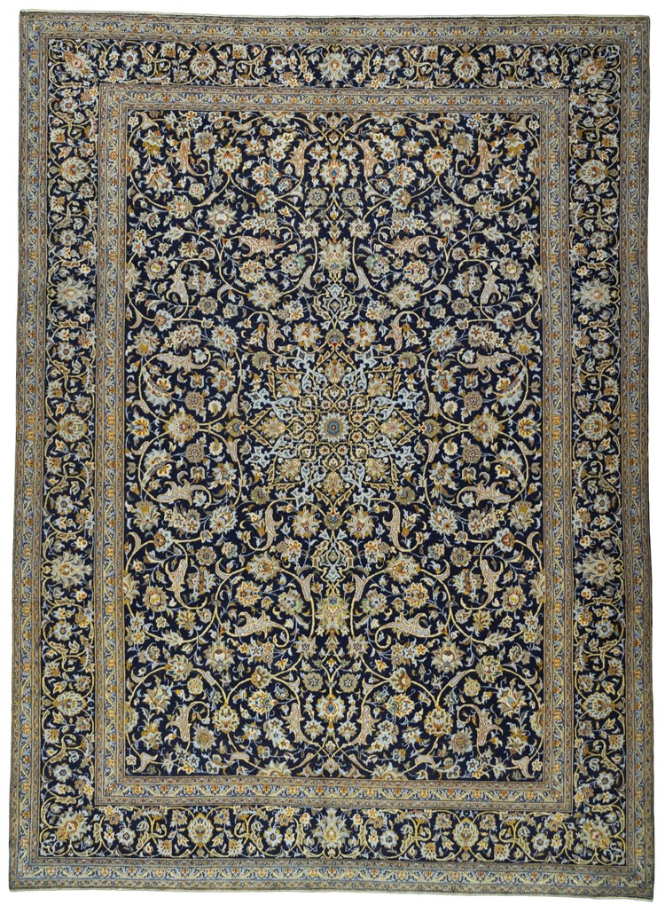 Kashan Tappeto 410x300 Blu (Iran) Annodato A Mano
