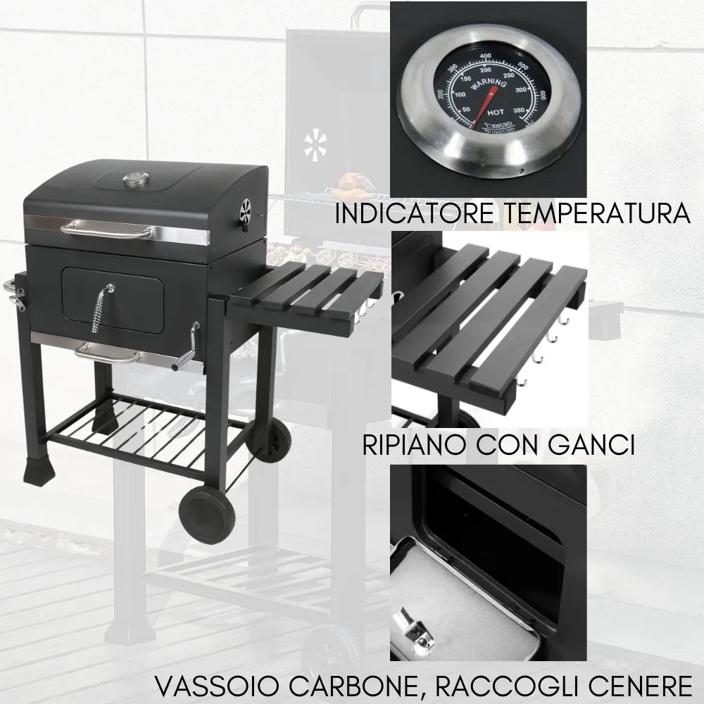 Barbecue a Carbone BBQ a Carbone con Doppia Griglia in Acciaio Grill da Giardino con Ruote, Apribottiglie e Ripiani