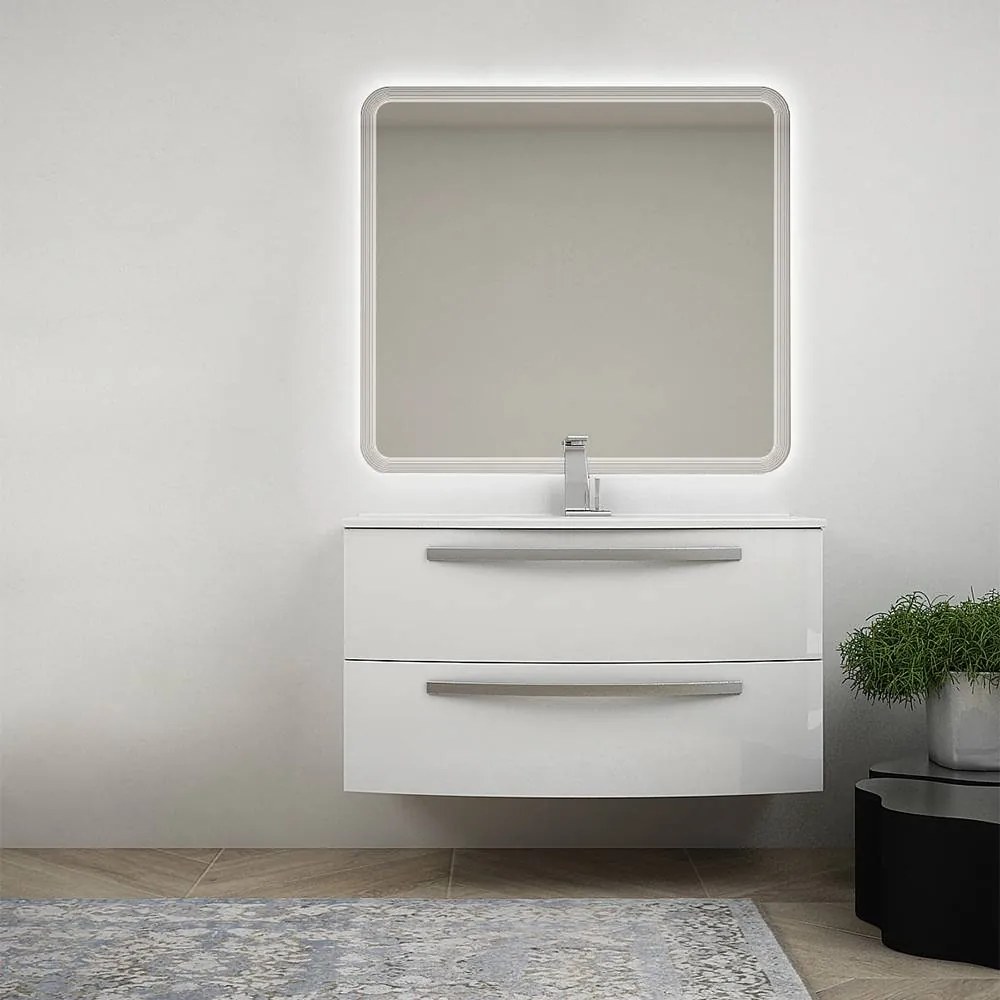 Mobile bagno bianco lucido sospeso 100 cm specchio retroilluminato LED e lavabo in ceramica Mod. Berlino