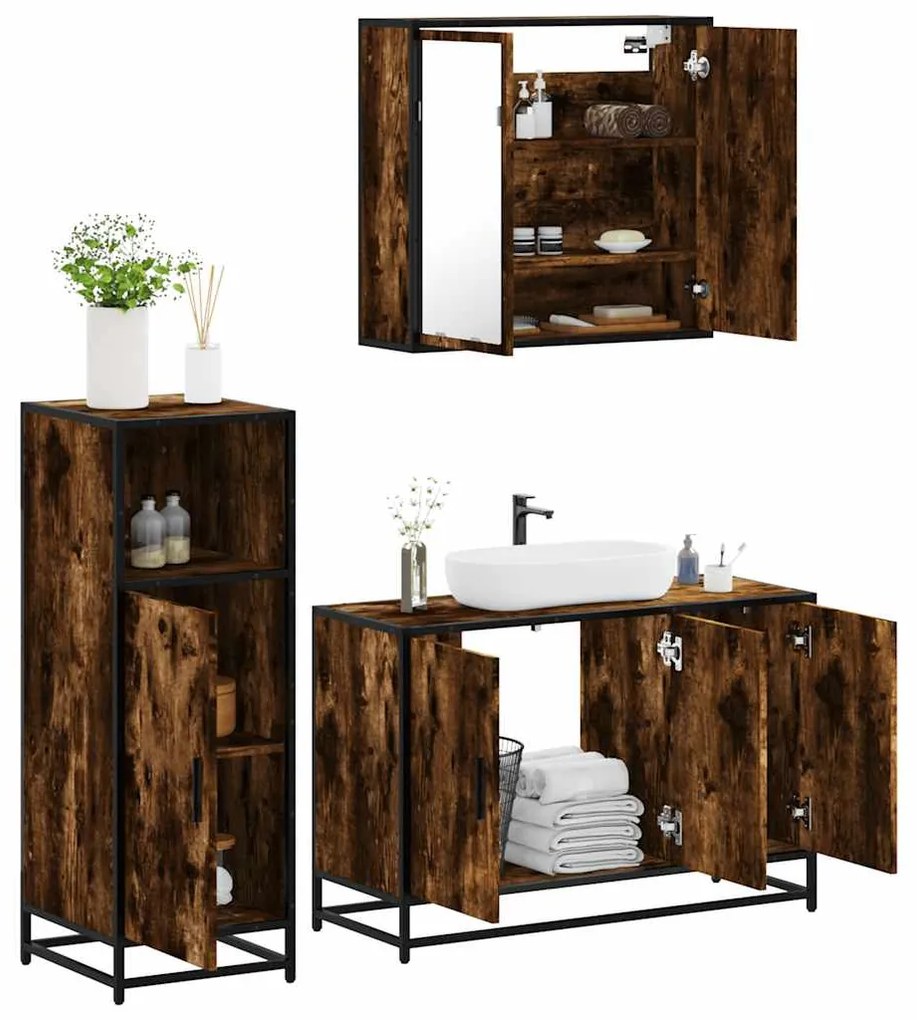 Set Mobili Da Bagno 3 Pz Rovere Fumo İn Legno Multistrato /
