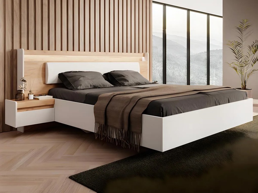 Letto con comodini 160 x 200 cm 2 cassetti con LED Bianco e Naturale - NEDOLI
