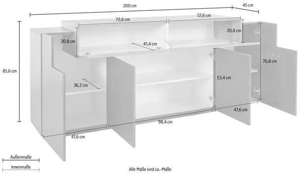 Credenza Moderna A 4 Ante 200x45x85,5 Antracite E Rovere Corona