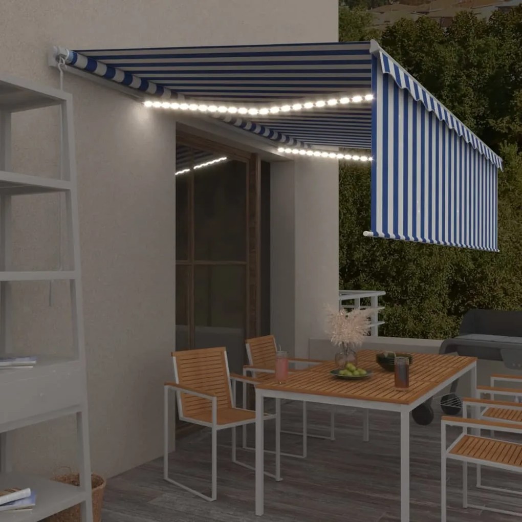 Tenda Sole Retrattile Manuale Con Led 5x3m Blu E Bianco /