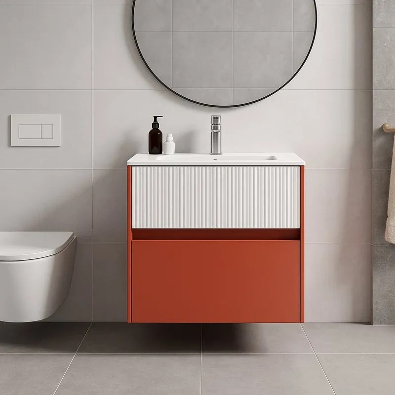 Mobile da bagno sospeso sotto lavabo Niwa 2 cassetti  L 59.5 x H 50 x P 45.5 cm paprika e bianco cannettato