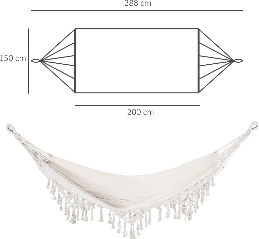 Amaca da Giardino Sospesa 288x150 cm in Tela con Frange Stile Boho Crema...