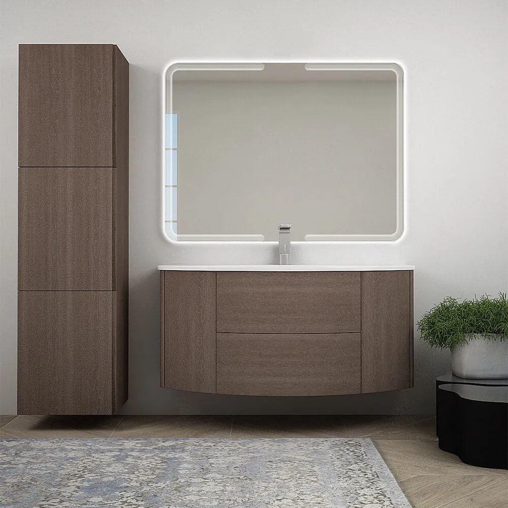 Mobile per bagno Nairobi 120 cm sospeso Rovere scuro con specchio led e colonna da 170 cm