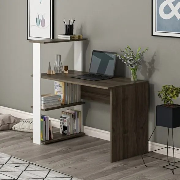 Scrivania Libreria Con Ripiani Laterali 60x120x112H Bianco E Rovere Scuro Node