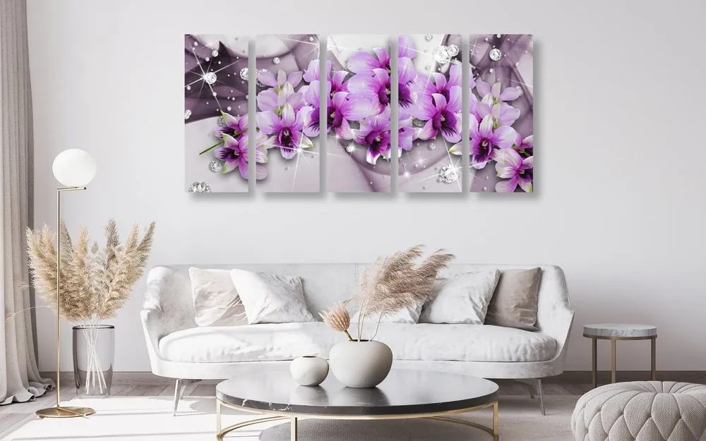 Quadri 5 pezzi – Fiori viola su sfondo astratto