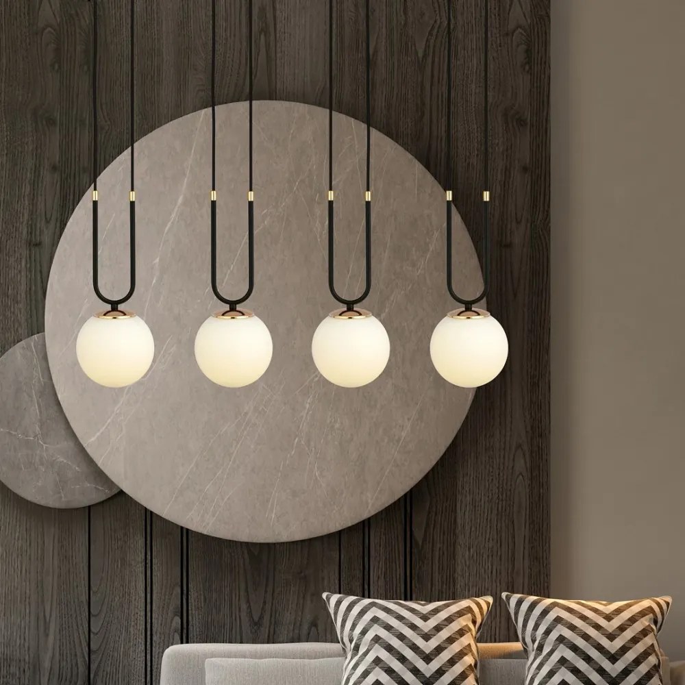 Lampadario a Sospensione in Acciaio e Vetro GLAM 4 Nero 4xE14 Colore del corpo Nero e Oro