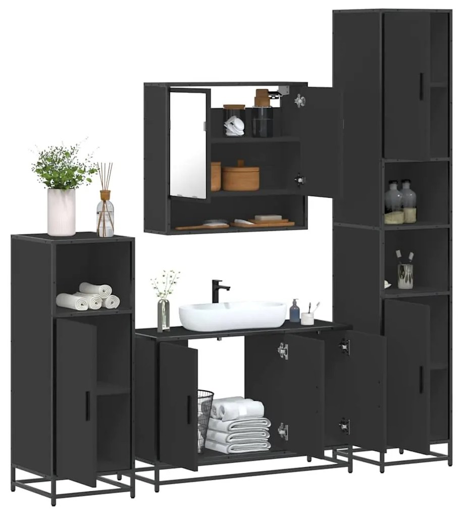 Set Mobili Da Bagno 4 Pz Nero İn Legno Multistrato /