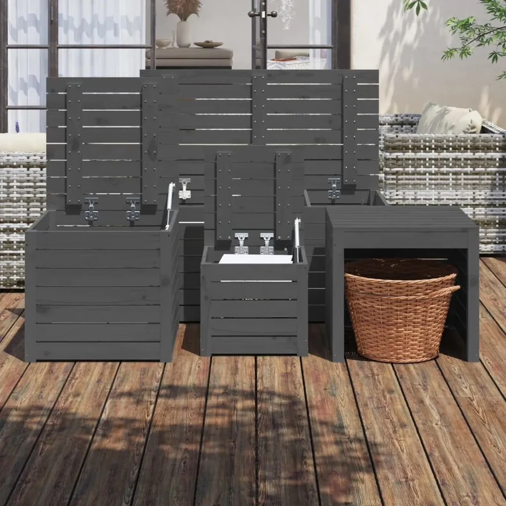 Set cassette da giardino 4 pz grigio in legno massello di pino
