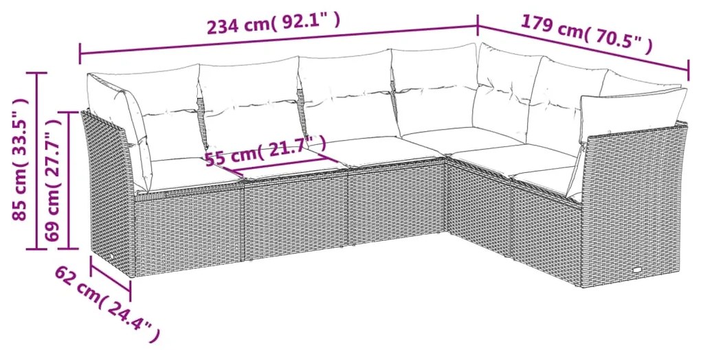Set divano da giardino 6 pz con cuscini marrone in polyrattan