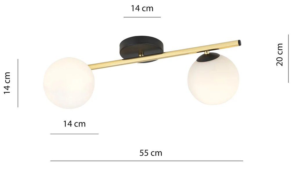 Plafoniera Contemporanea 2 Luci Splendi In Acciaio Oro/Nero E Sfere Vetro Bianco