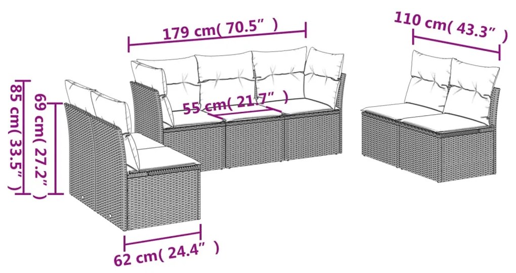 Set divani da giardino con cuscini 7pz nero polyrattan