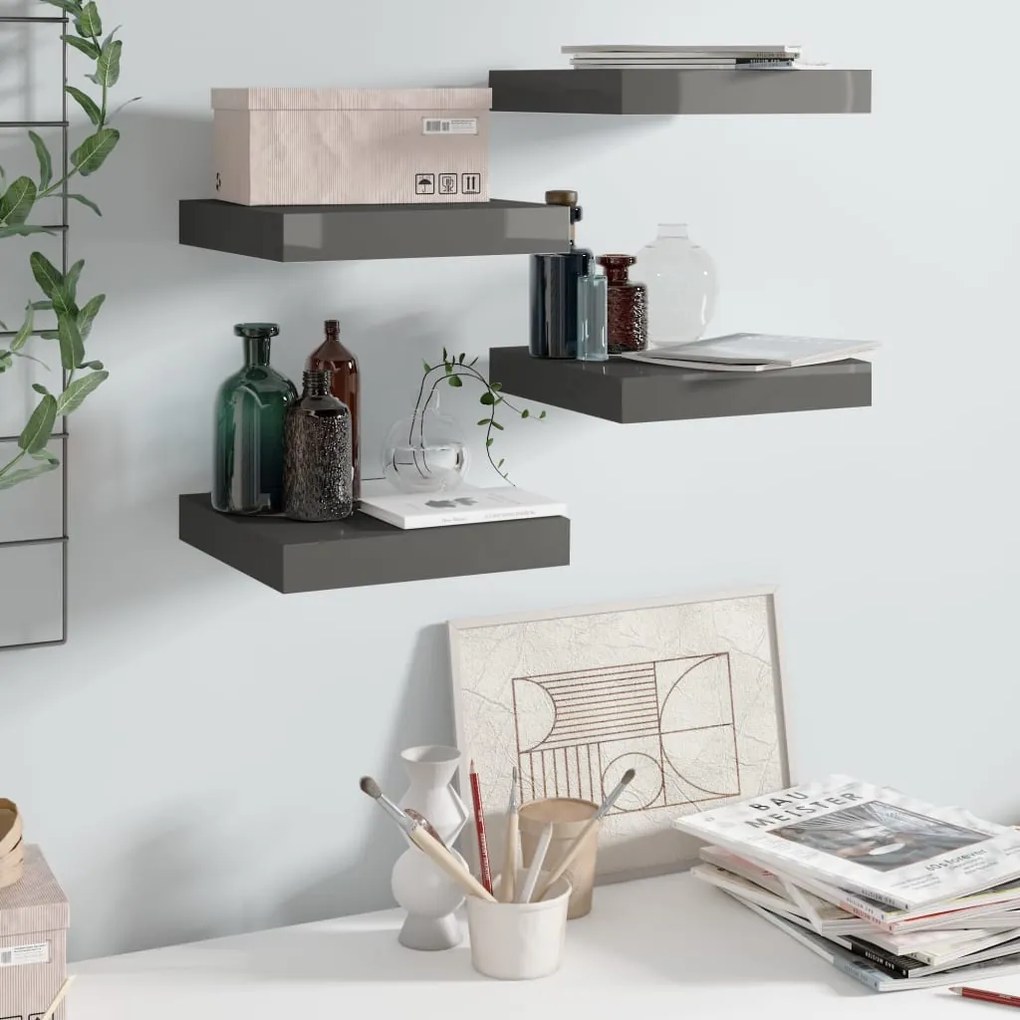 Scaffali a parete 4 pz grigio lucido 23x23,5x3,8 cm in mdf