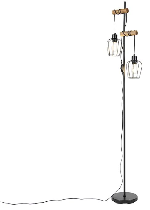 Lampada da terra rustica nera con legno 2 luci - Stronk