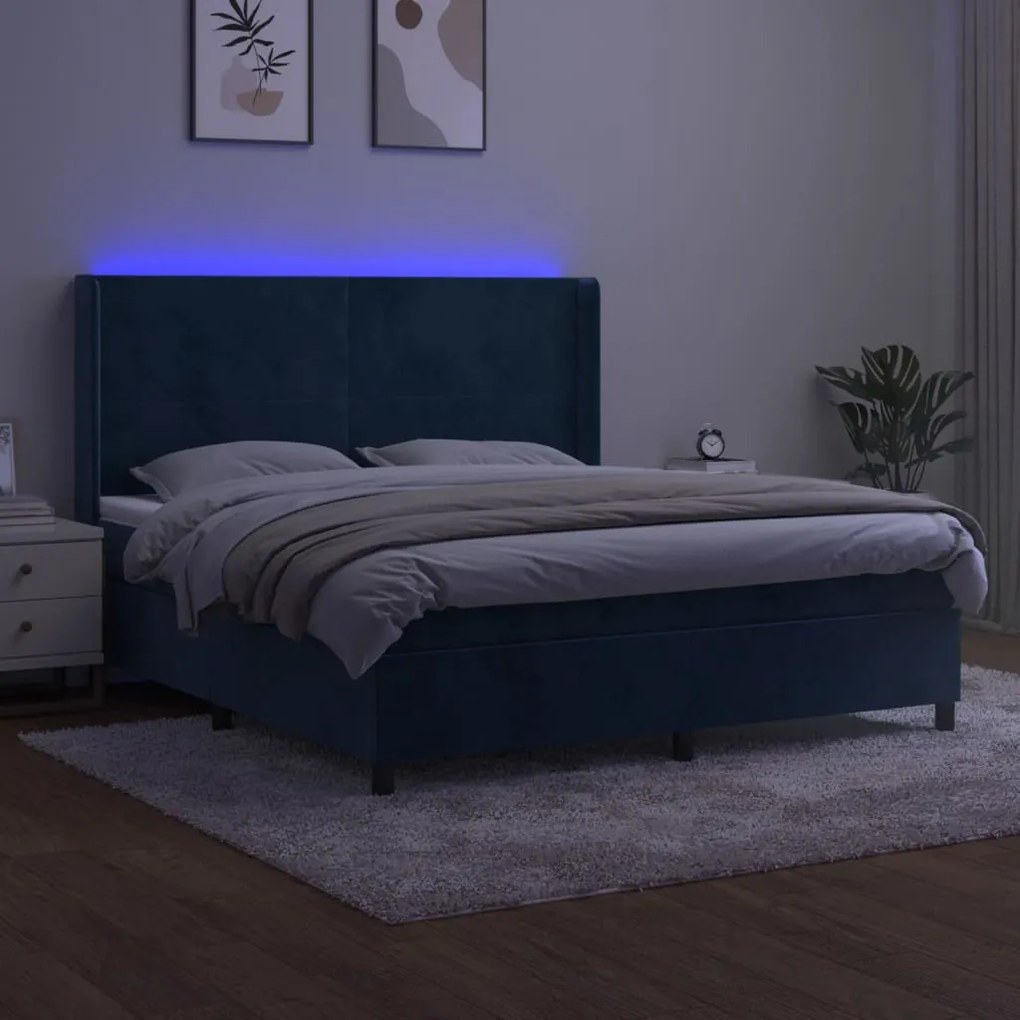 Letto a molle con materasso e led blu scuro 180x200 cm