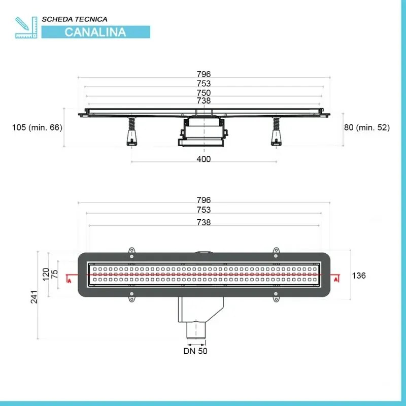 Canalina doccia a pavimento 75 cm con griglia e scarico incluso in acciaio inox cromato