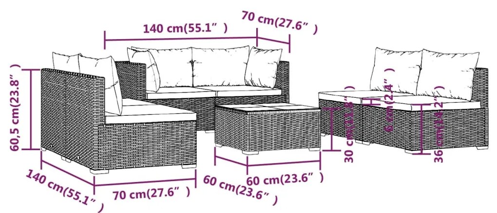 Set Salotto da Giardino 7 pz con Cuscini in Polyrattan Nero