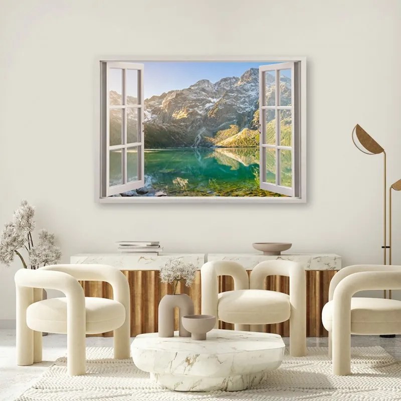 Quadro su tela, Finestra del lago nelle montagne Natura  Dimensioni 60x40