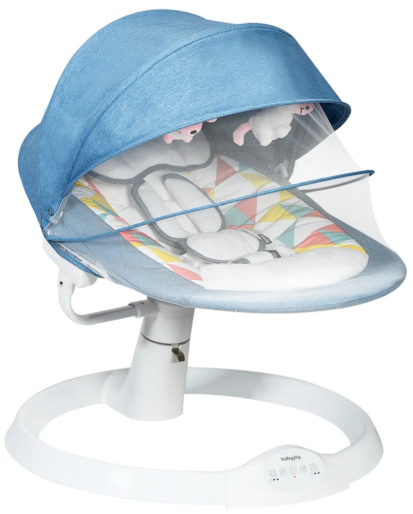 Costway Sdraietta elettrica per bambini, Dondolino con tettuccio rimovibile zanzariera e 2 giocattoli Blu