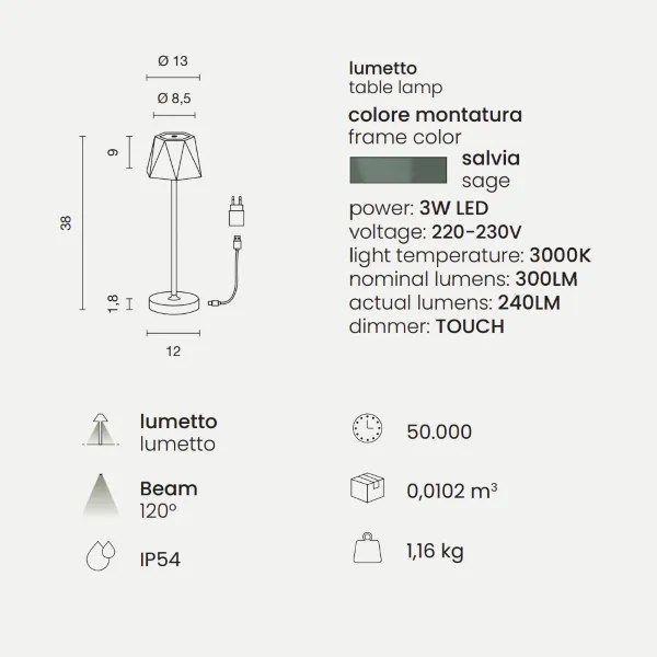 Lampada tavolo LED 12x38 cm ricaricabile USB touch senza fili FIJI Salvia