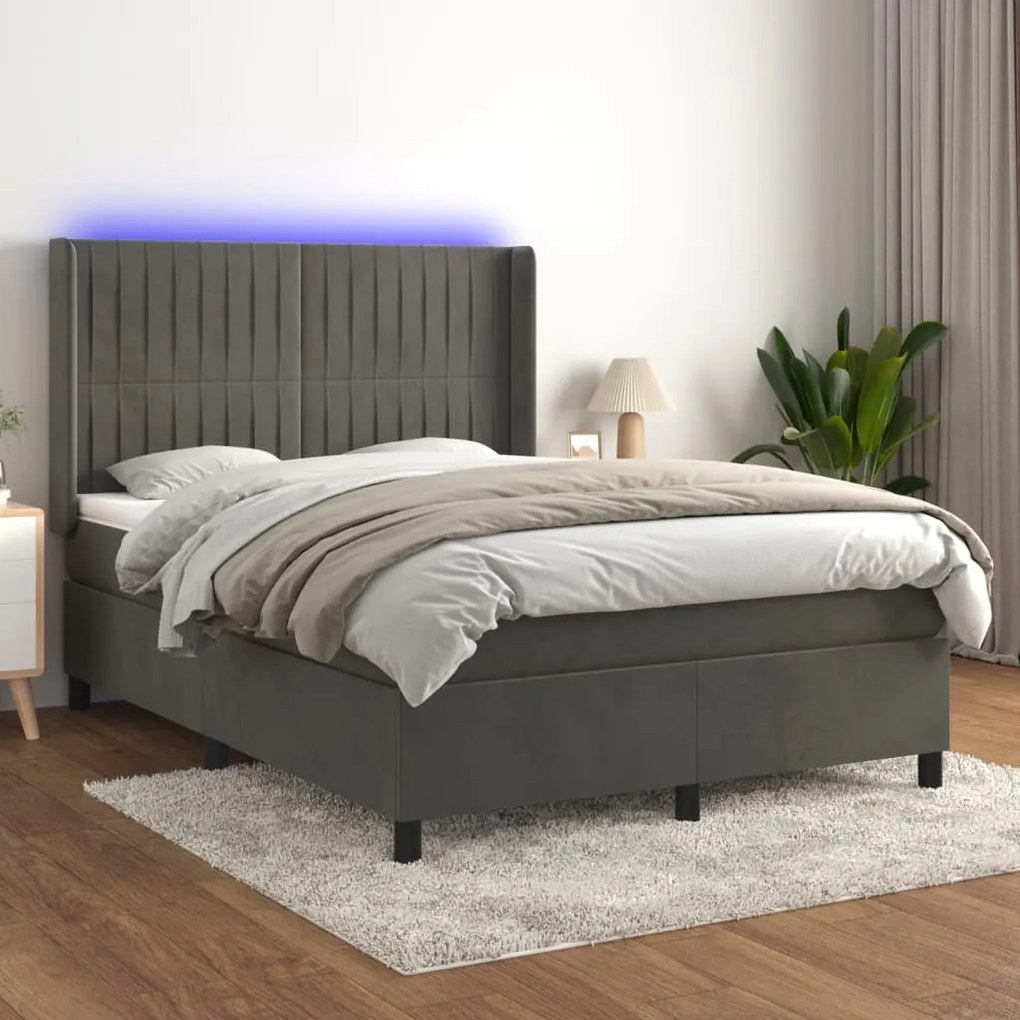 Letto a molle con materasso e led grigio scuro 140x190 cm