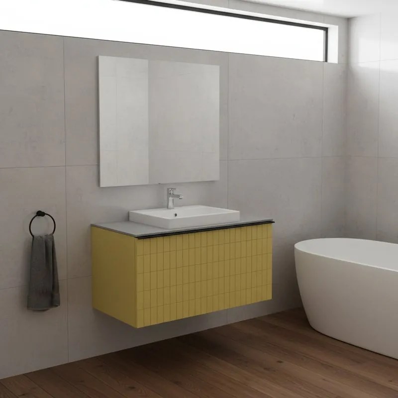 Mobile da bagno sospeso sotto lavabo Pixel grid 1 cassetto L 80 x H 40 x P 45.5 cm giallo laccato opaco, con maniglia alluminio nero opaco