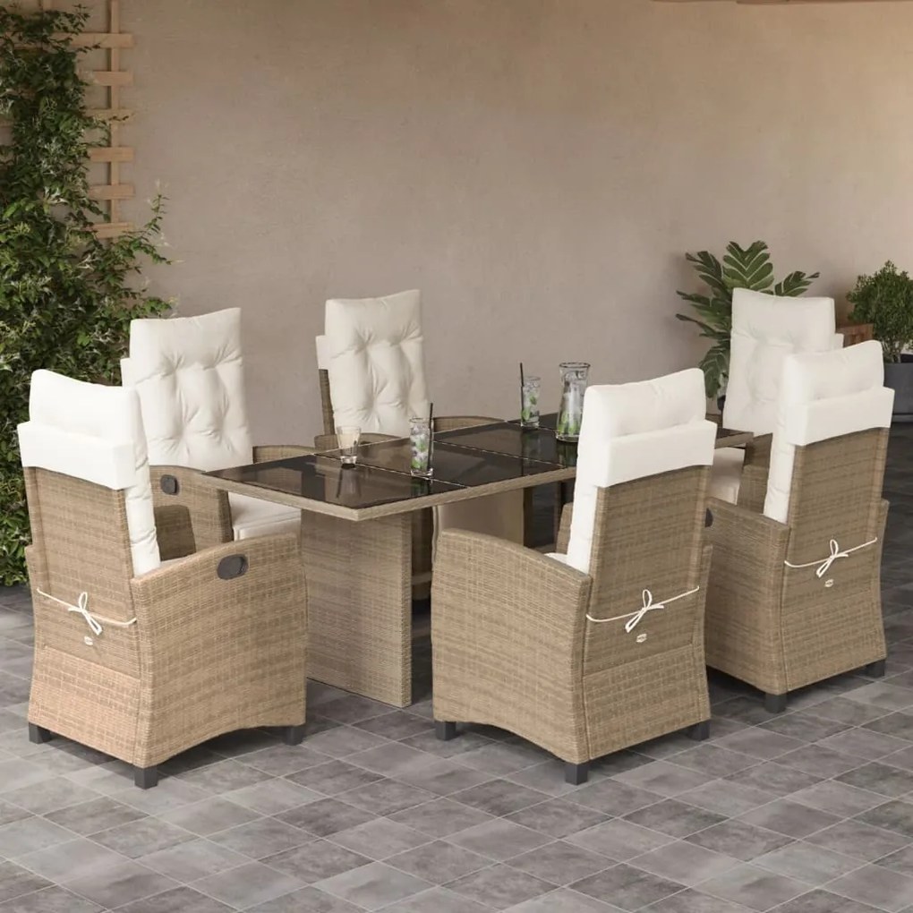 Set da pranzo da giardino 7 pz con cuscini beige in polyrattan