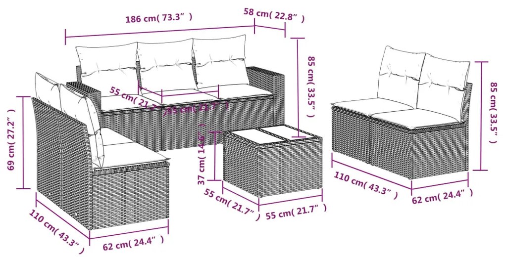 Set Divano da Giardino 8 pz con Cuscini Grigio in Polyrattan