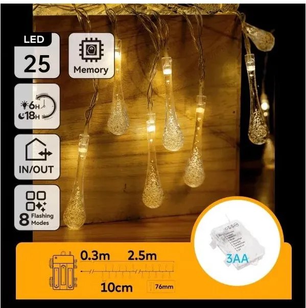 Aigostar - Catena luminosa LED natalizia da esterno 25xLED/8 funzioni 3xAA 2,5m IP44 bianco caldo gocce