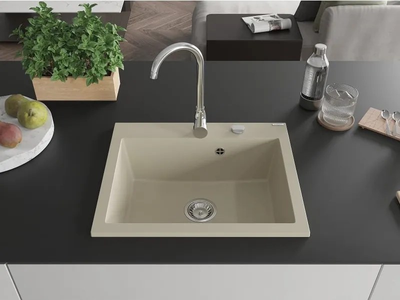 Mexen Elix lavello in granito a 1 vasca 600 x 500 mm, beige, sifone cromato - 6525601005-69