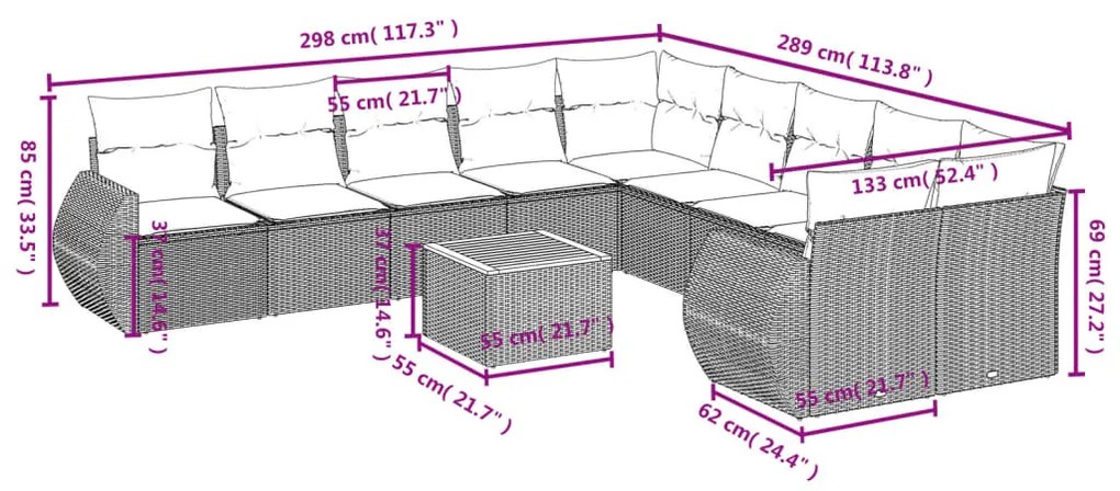 Set Divani da Giardino 11 pz con Cuscini in Polyrattan Nero