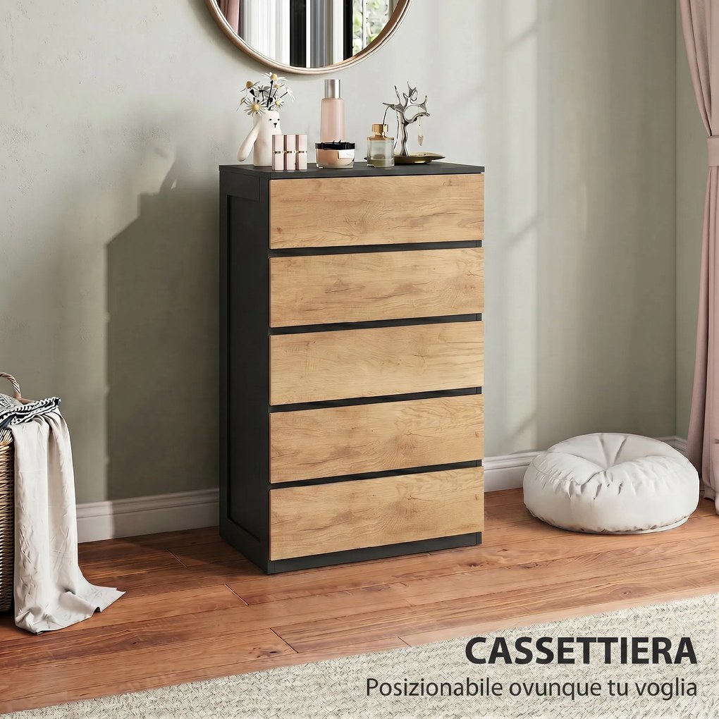 Cassettiera 5 Cassetti 60x39x100 cm con Guide in Metallo e Maniglie Scanalate in Legno Nero e Rovere...