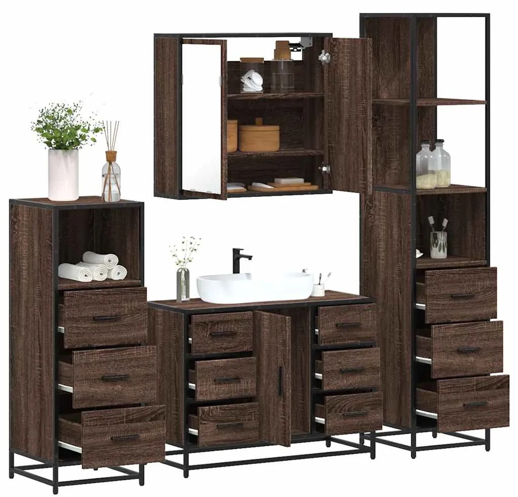 Set Mobili Da Bagno 4 Pz Rovere Marrone İn Legno Multistrato /