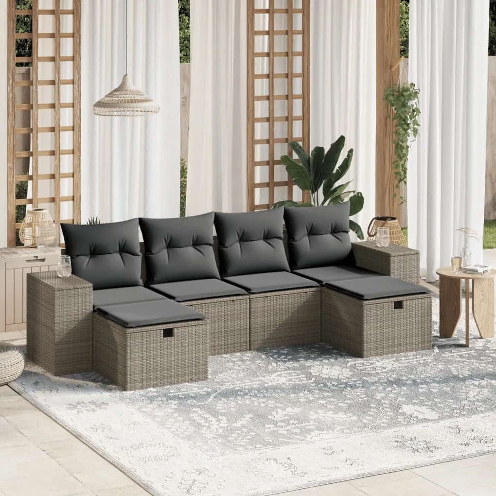 Set divano da giardino 6pz con cuscini grigio chiaro polyrattan